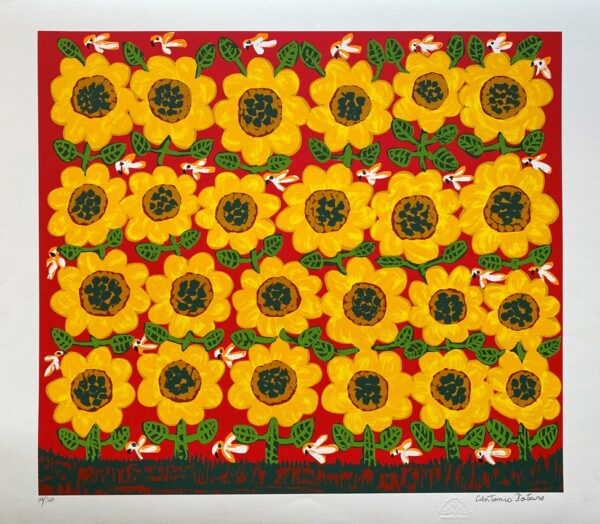 Poteiro gravura Girassois e pássaros fundo vermelho