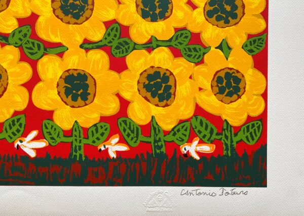 Poteiro gravura Girassois e pássaros fundo vermelho - Image 2