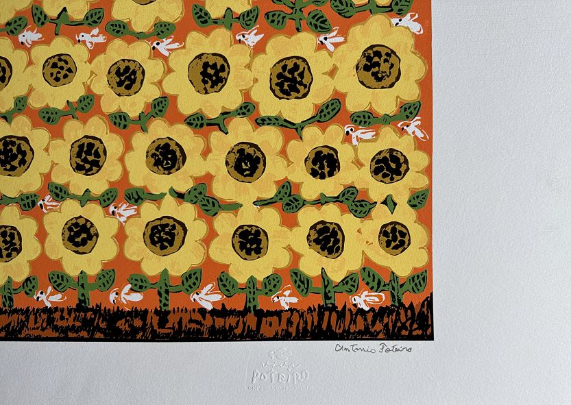 Antônio Poteiro gravura Girassois e pássaros fundo vermelho - Imagem 2
